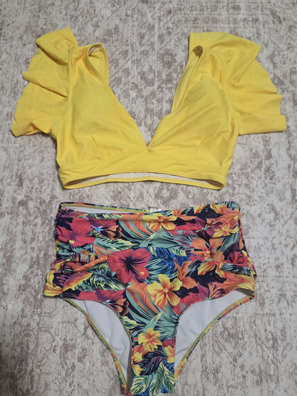 Yellow Ruffle Sleeve Bikini Top with Tropical High Waisted Bottoms